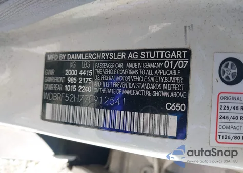 2007 Mercedes-Benz C 230 Sport z USA, uszkodzony, nr VIN WDBRF52H77F912541